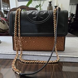 Tory Burch Black and Tan Quilted Shoulder Bag